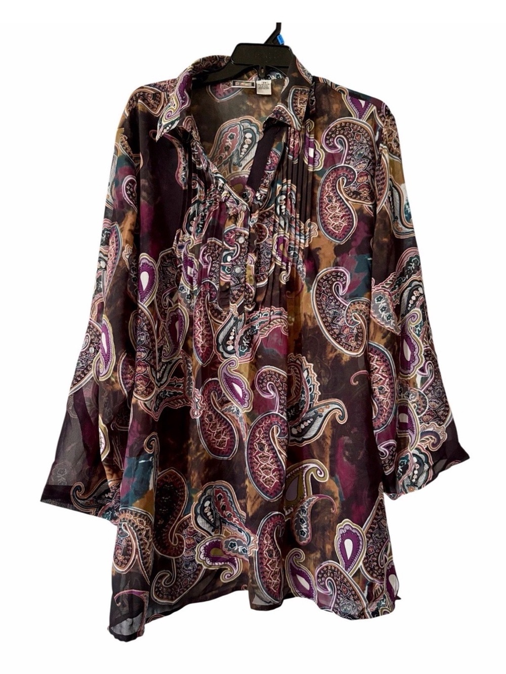Vintage Take Two Plus Size 3X Paisley Roll Tab Sleeve Blouse Multi Collared Neck